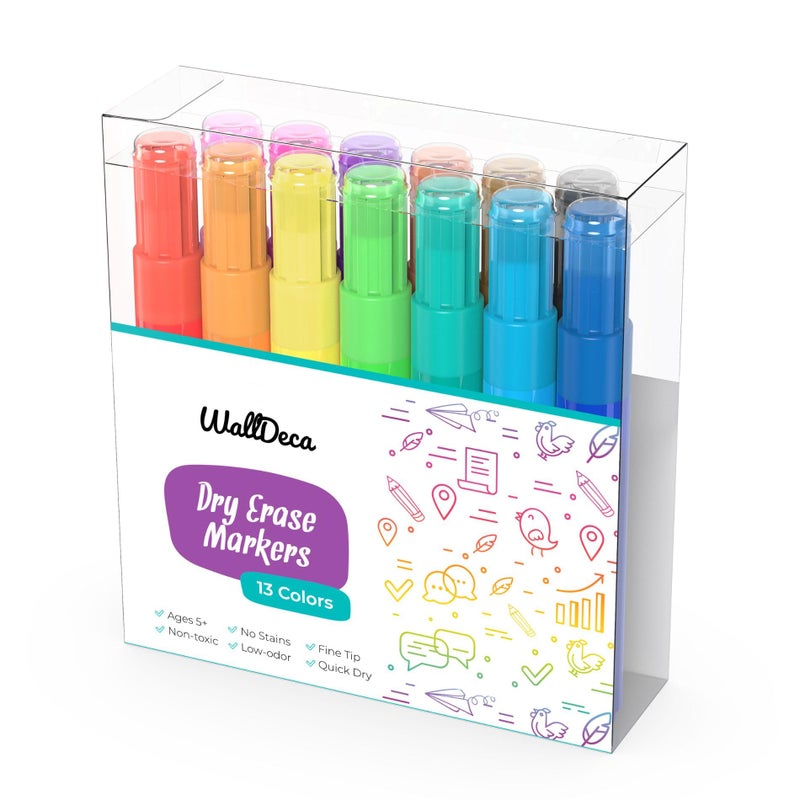 WallDeca Dry Erase Markers for Kids Non-toxic, 13 Pack, Washable, Colorful Pastel Colors, Fine Tip Skinny Pens, Thin Whiteboard Low Odor Markers for Toddlers, Vibrant and Quick Dry - Image 1